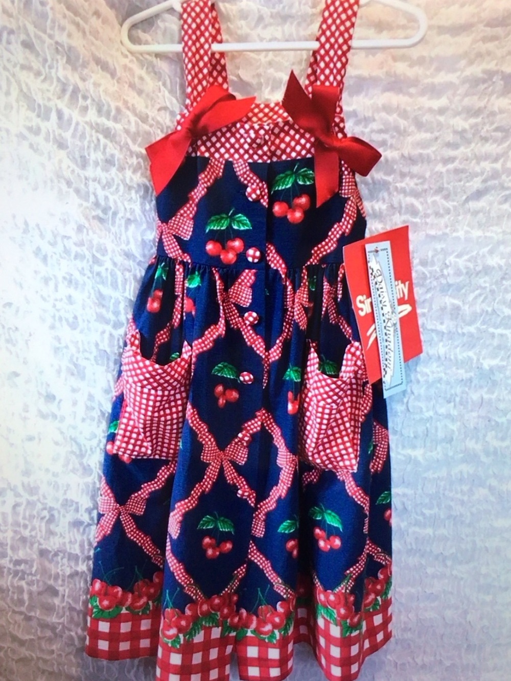 Navy Cherry Print Mini Dress with Red Accents